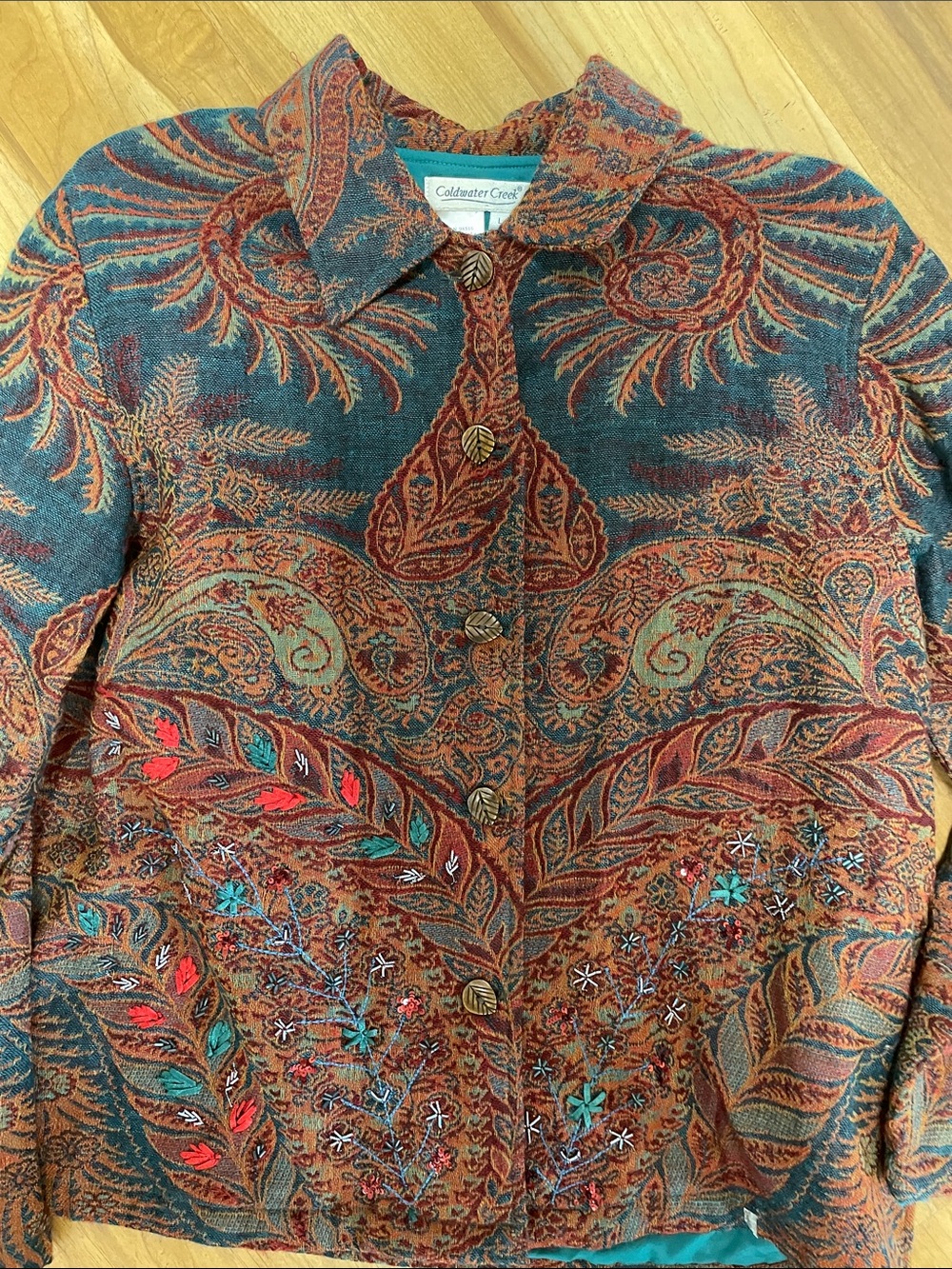 Coldwater Creek Teal & Rust Embroidered Paisley Jacket with Leaf Buttons